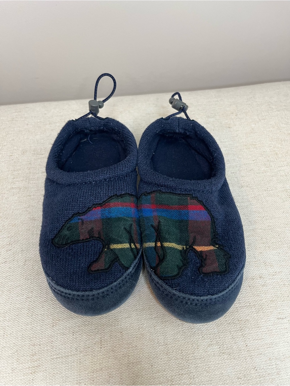 L.L. Bean Navy Kids Slip-Ons Slippers with Plaid Bear Applique